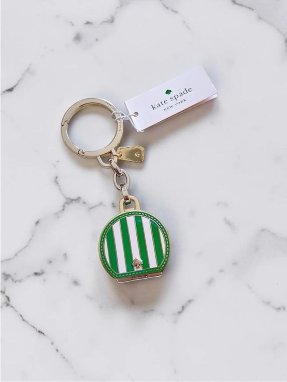 Kate Spade Traveler Even Green and White Stripe Metal Trunk Key Fob Bag Charm